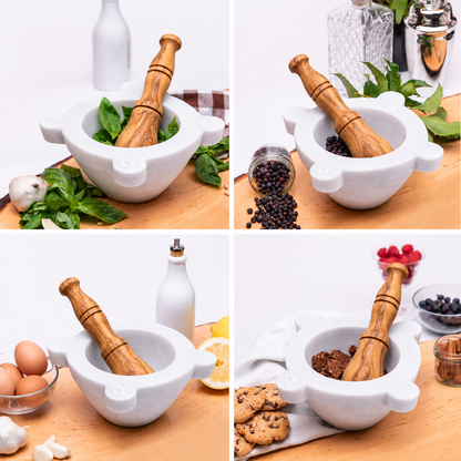 Mortero de Mármol Blanco de Carrara - 16 cm - Modelo Genovés - con Mano de Madera de Olivo