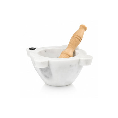 Mortier en Marbre Blanc de Carrare - 𝟏𝟒 𝐜𝐦 - Modèle Génois - avec Pilon en Bois de Hêtre
