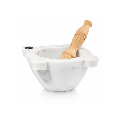 Mortier en Marbre Blanc de Carrare - 𝟏𝟔 𝐜𝐦 - Modèle Génois - avec Pilon en Bois de Hêtre