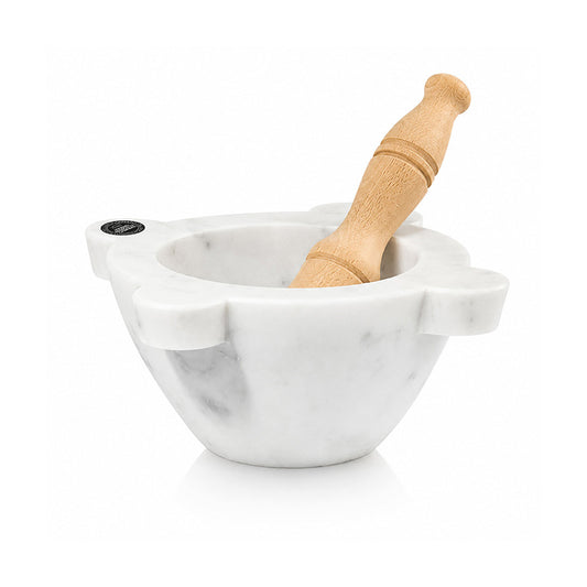 Mortaio in Marmo Bianco di Carrara - 𝟏𝟖 𝐜𝐦 - Modello Genovese - con Pestello in Legno di Faggio