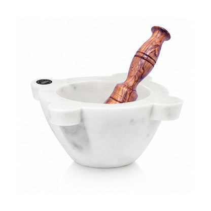 Mortaio in Marmo Bianco di Carrara - 18 cm - Modello Genovese - con Pestello in Legno di Ulivo