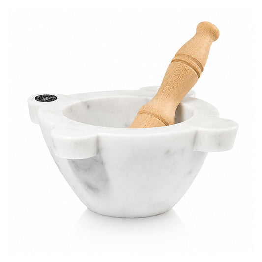 Mortaio in Marmo Bianco di Carrara - 𝟐𝟎 𝐜𝐦 - Modello Genovese - con Pestello in Legno di Faggio