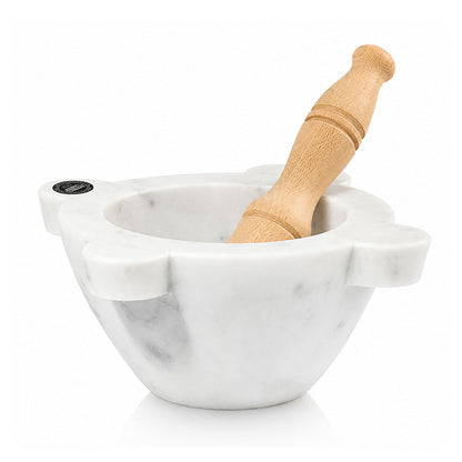 𝐏𝐑𝐄-𝐎𝐑𝐃𝐈𝐍𝐀 - Mortaio in Marmo Bianco di Carrara - 22 cm - Modello Genovese - con Pestello in Legno di Faggio