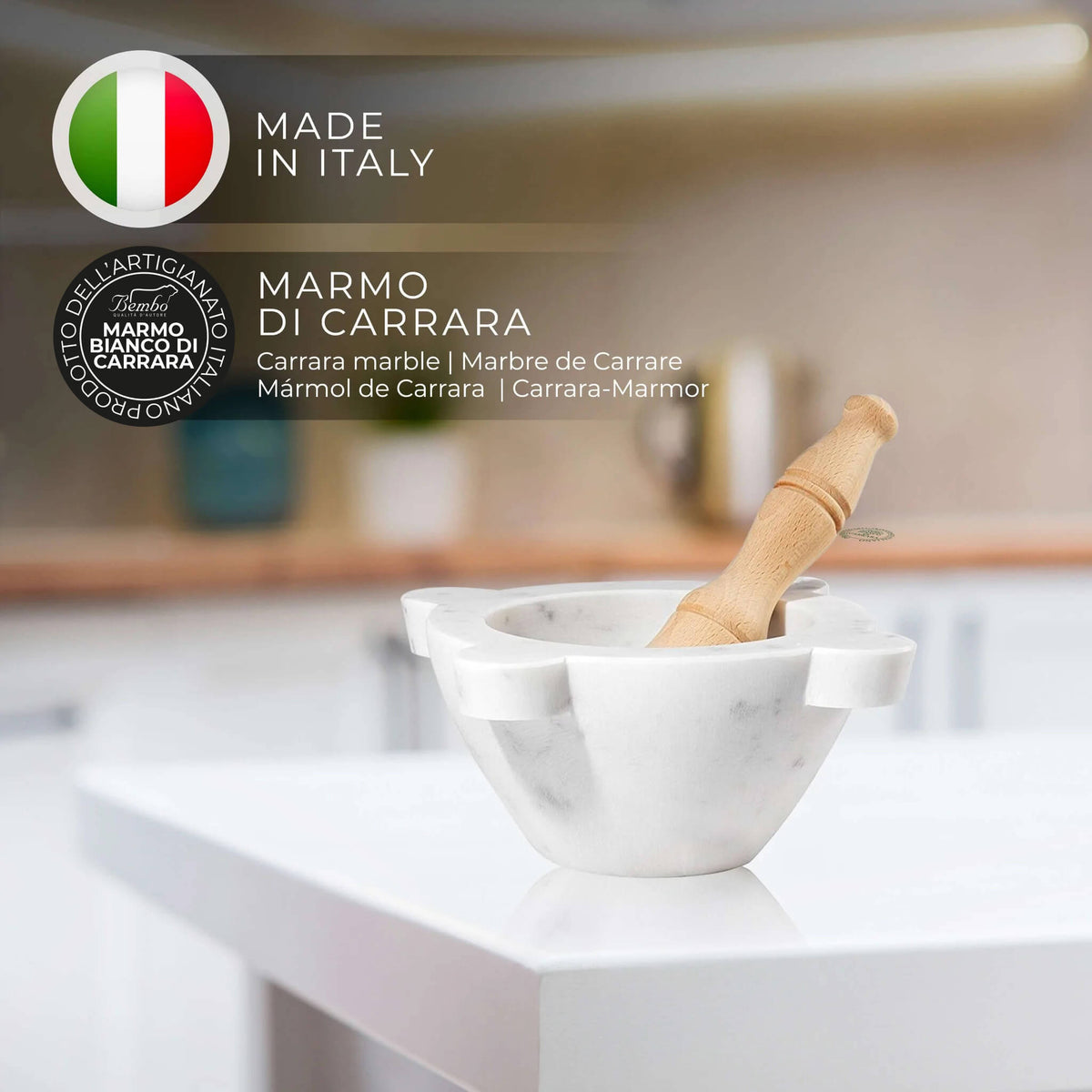 Mortaio in marmo di Carrara Made in Italy con pestello in legno