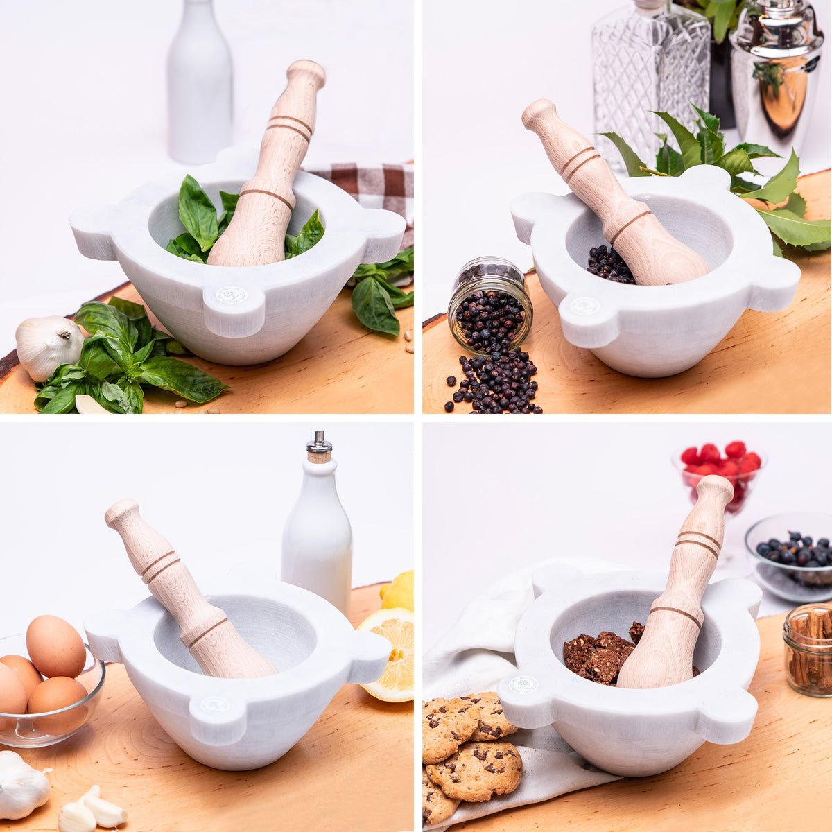 Mortaio Bembo in marmo di Carrara per sale, pepe, spezie, erbe aromatiche e botaniche